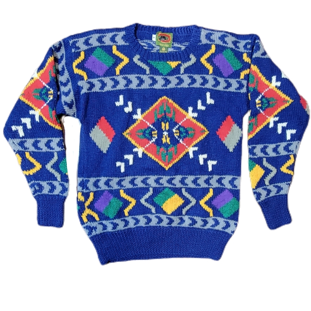 Vintage Boston Traders 100% Wool Sweater Size S Crewneck BRIGHT Unique Design